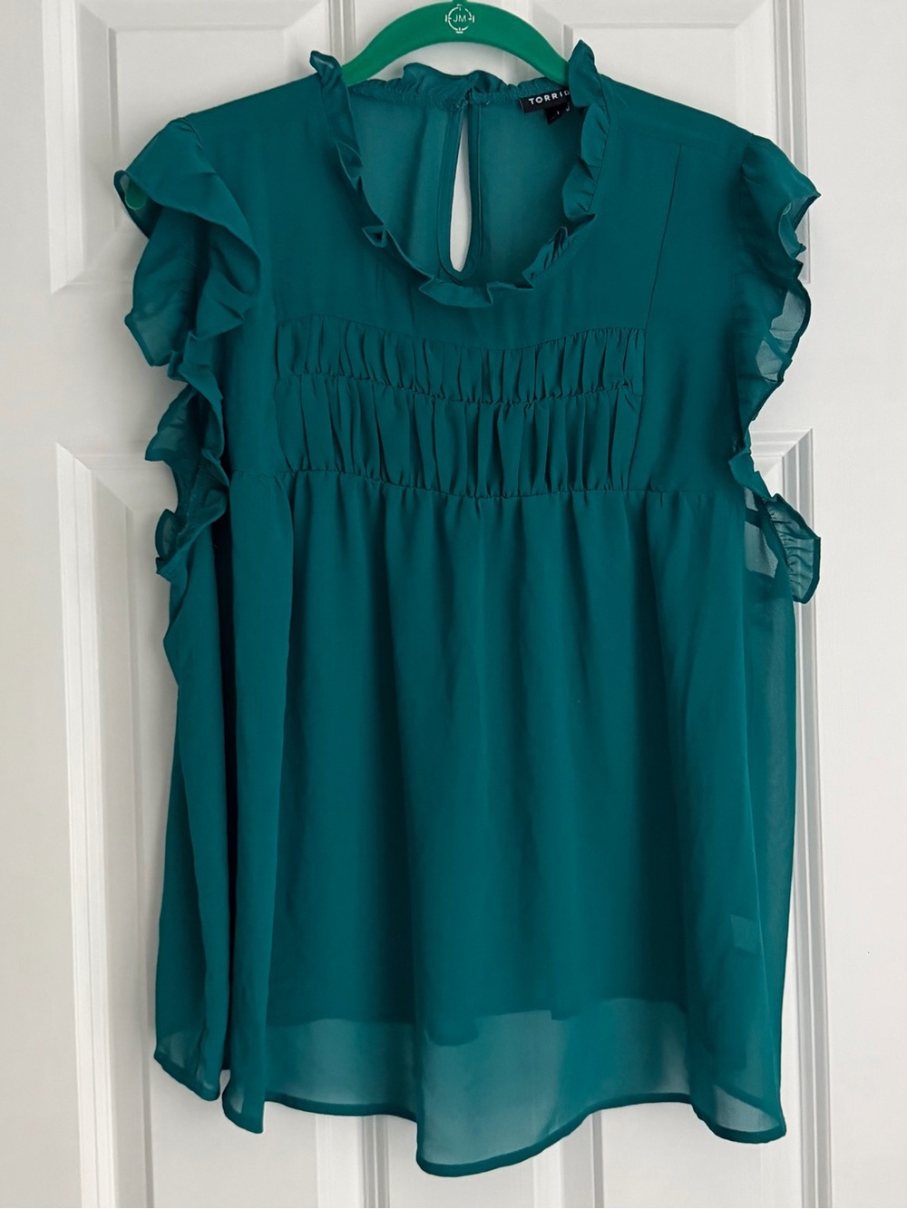 Torrid Teal Green Chiffon Ruffle Smocked Blouse Top Plus Size 1X 14/16w
